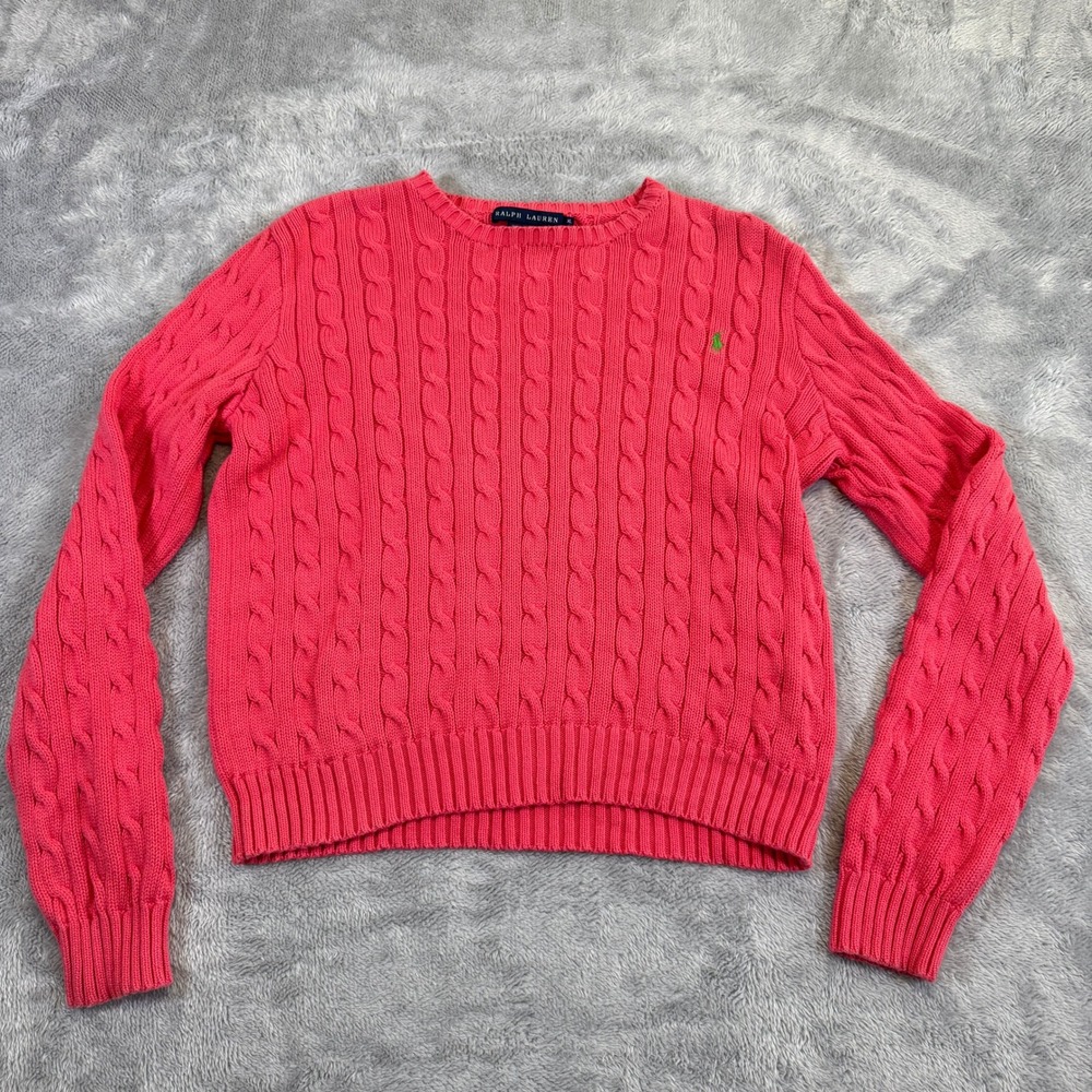 VTG 90s Ralph Lauren Sweater‎ Women XL Pink Cable Knit Cotton Preppy Pony Logo